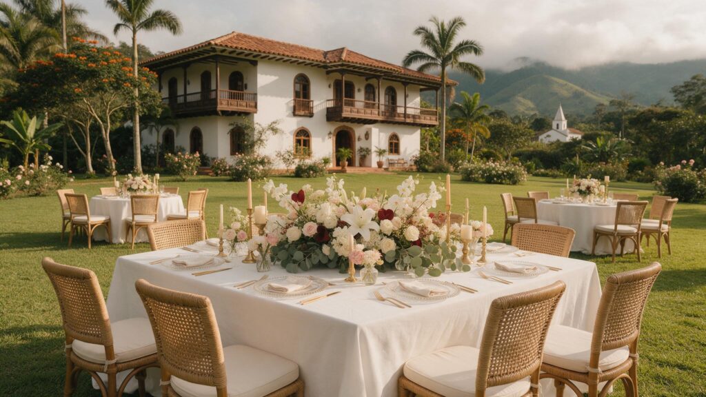 Finca en Antioquia montada para una boda destino, con flores colombianas y montañas al fondo