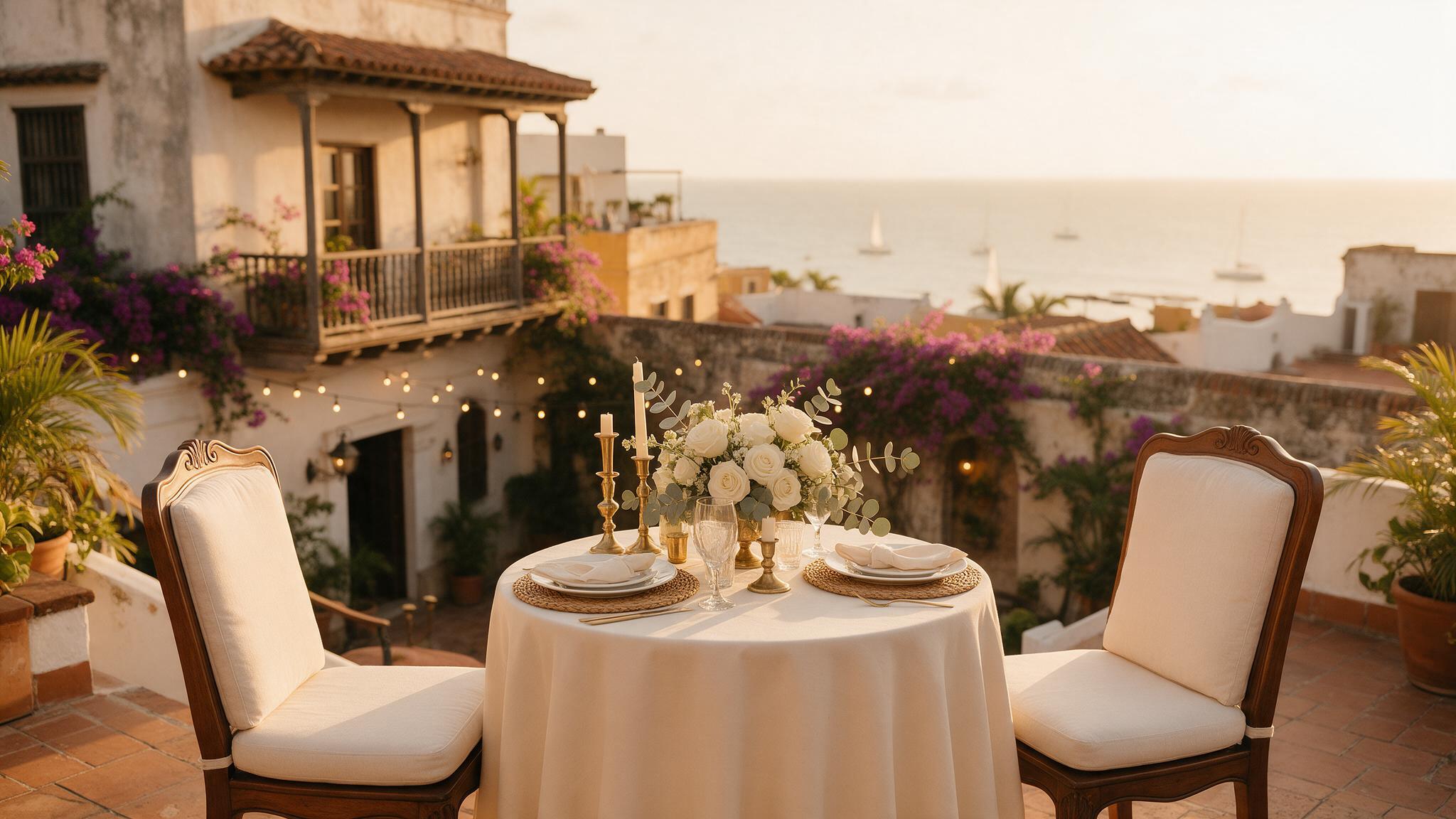 Terraza en la ciudad amurallada de Cartagena montada para una boda destino