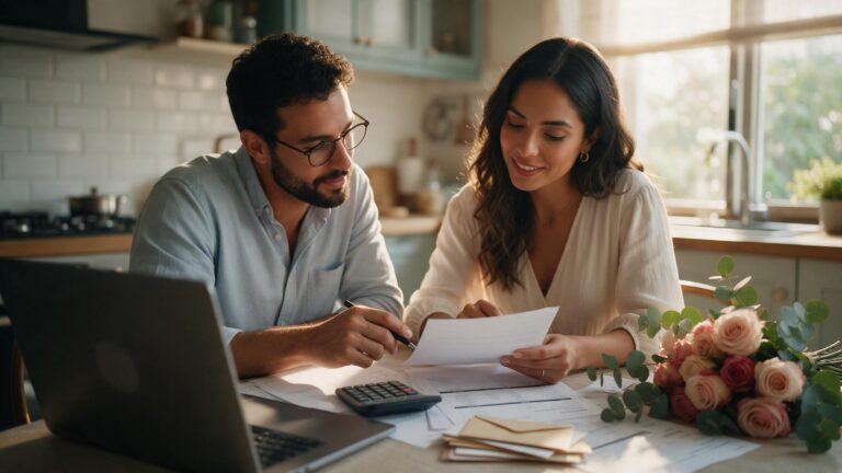 Pareja colombiana revisando el presupuesto de su boda con cotizaciones y calculadora