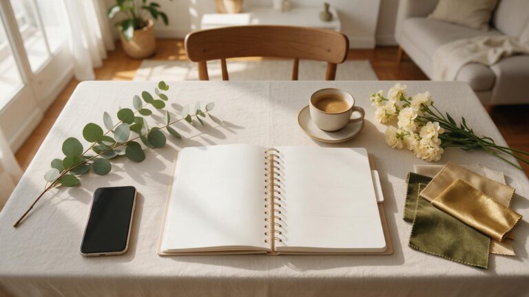 Mesa de planeación de una boda con agenda, celular, café y muestras de tela