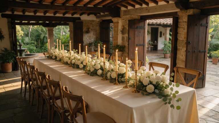 Mesa de recepción de boda en una hacienda colombiana con luz dorada
