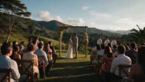 Ceremonia de boda al aire libre en una finca colombiana durante la hora dorada