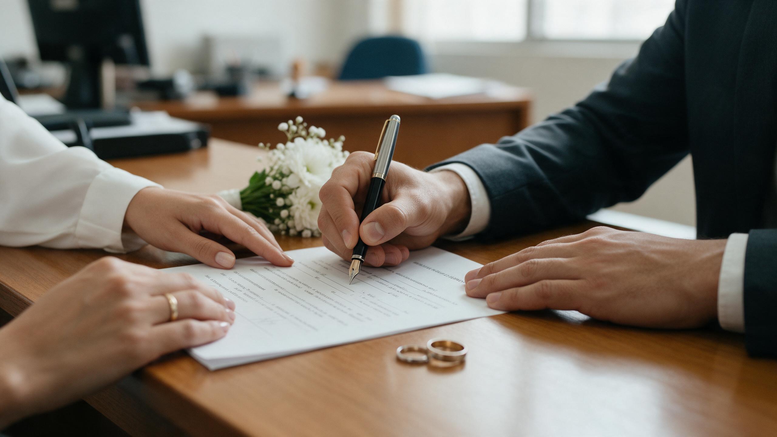 Pareja firmando la escritura de matrimonio civil en una notaría de Colombia