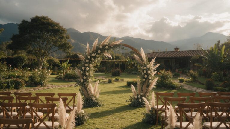 Arco de ceremonia al aire libre en una finca andina de Colombia, con sol y nubes