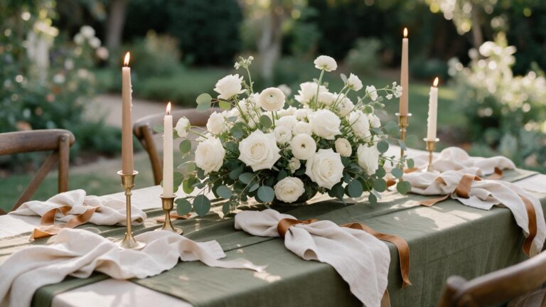 Mesa de boda montada con mantelería verde oliva, servilletas en crudo y cintas caramelo, con rosas blancas y eucalipto