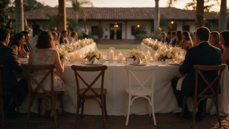 Mesa de recepción de boda con dos sillas vacías entre los invitados