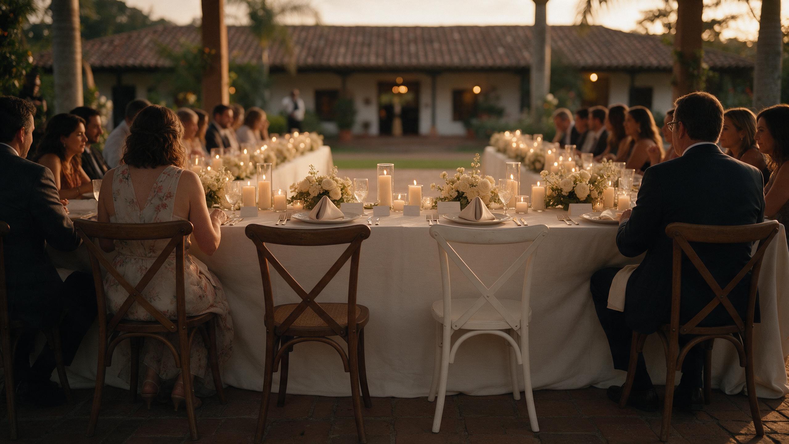 Mesa de recepción de boda con dos sillas vacías entre los invitados