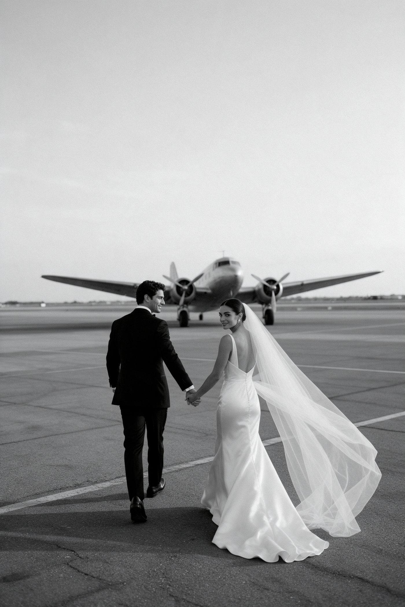 Pareja de novios caminando de la mano hacia un avión antiguo en la pista