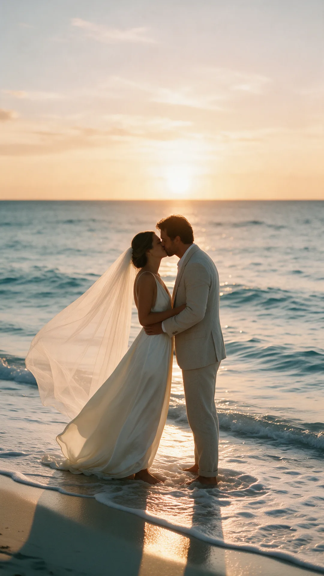 Novios besándose al atardecer
