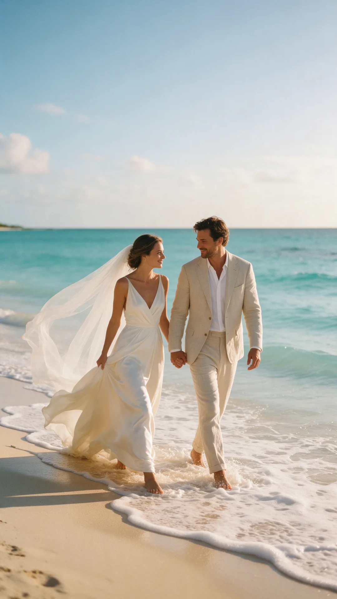 Novios caminando por la orilla del mar