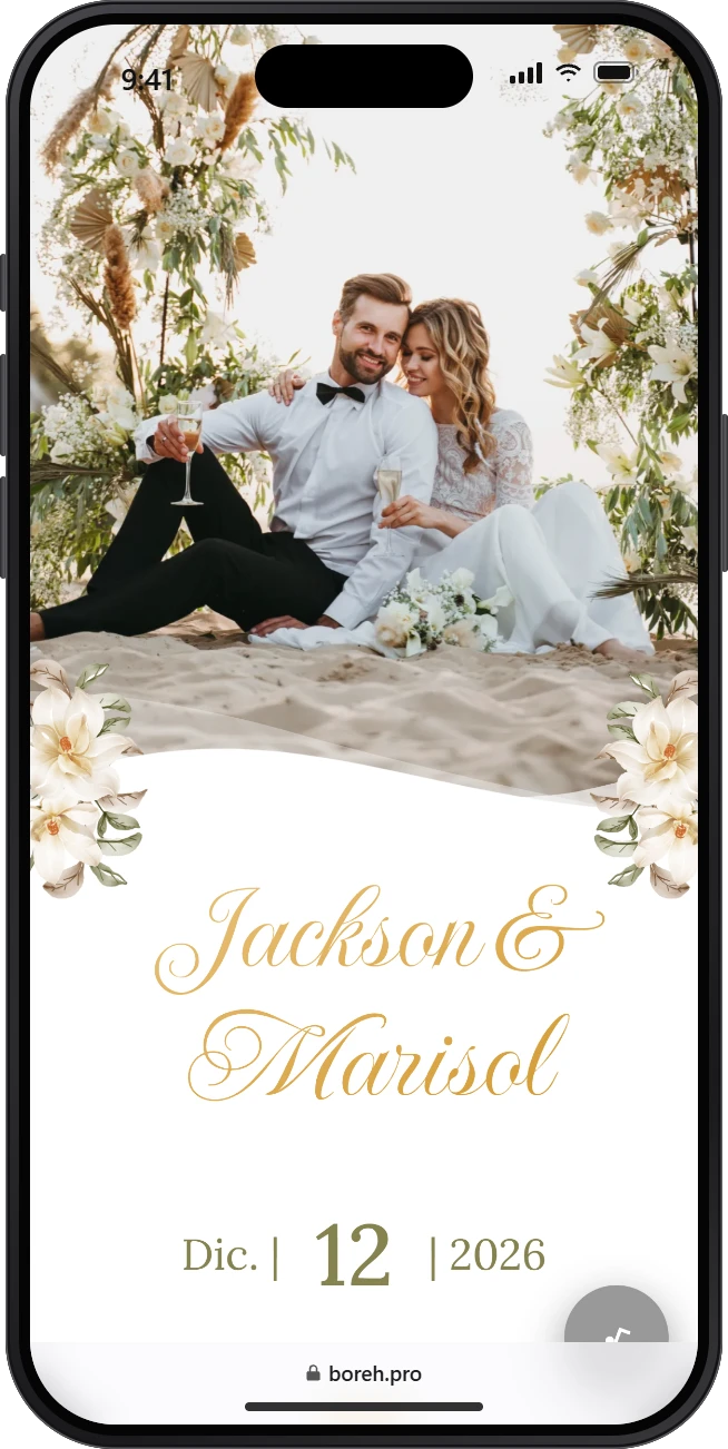 Invitación digital de boda modelo Amore, abierta en un celular