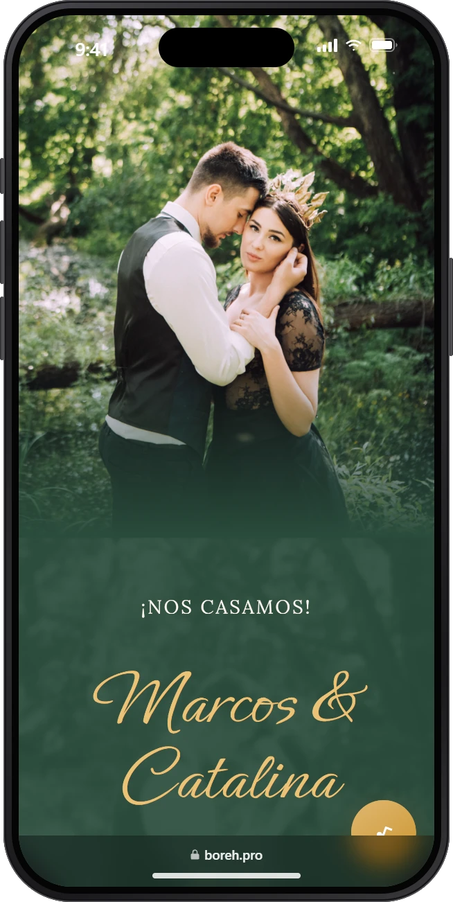 Invitación digital de boda modelo Bosque, abierta en un celular