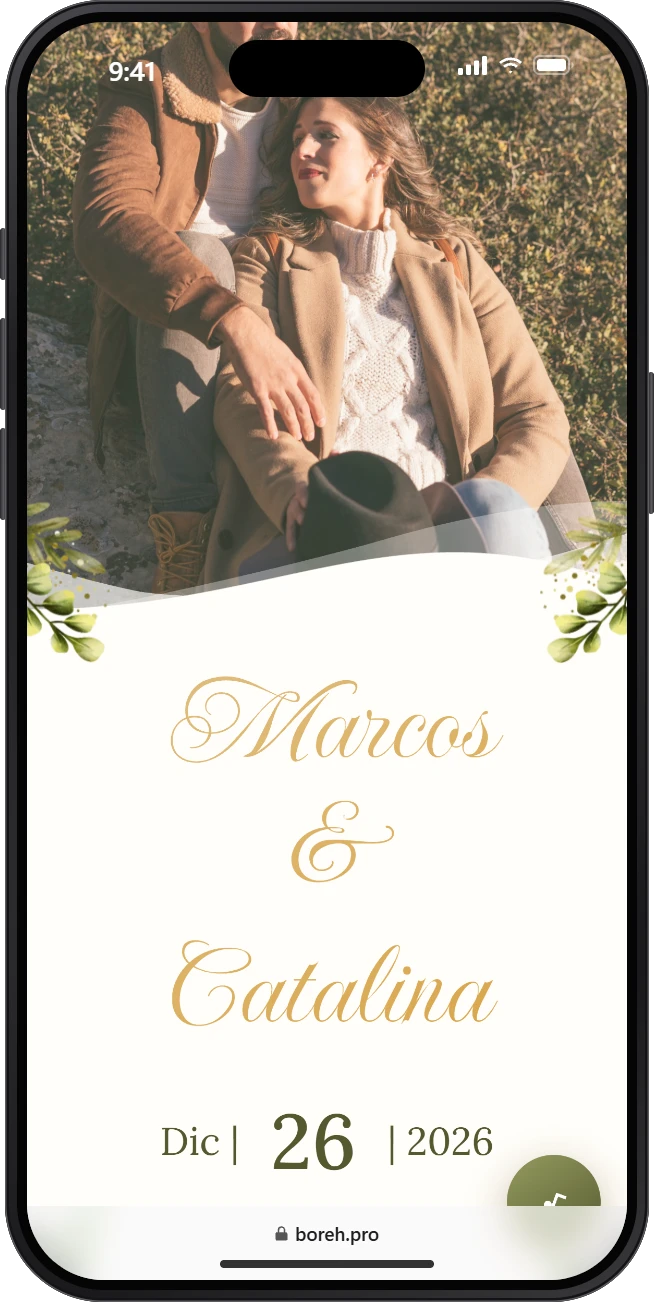 Invitación digital de boda modelo Oliva, abierta en un celular