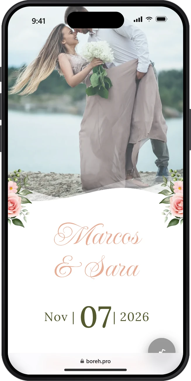 Invitación digital de boda modelo Palo Rosa, abierta en un celular