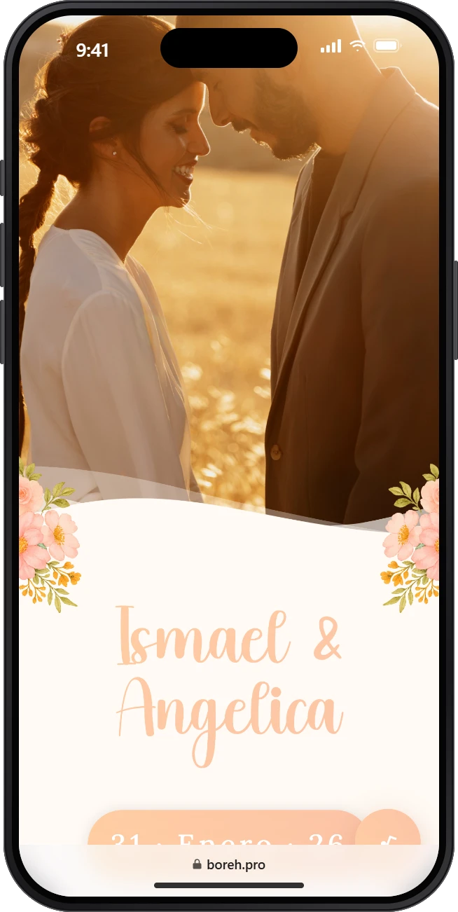 Invitación digital de boda modelo Peonía, abierta en un celular