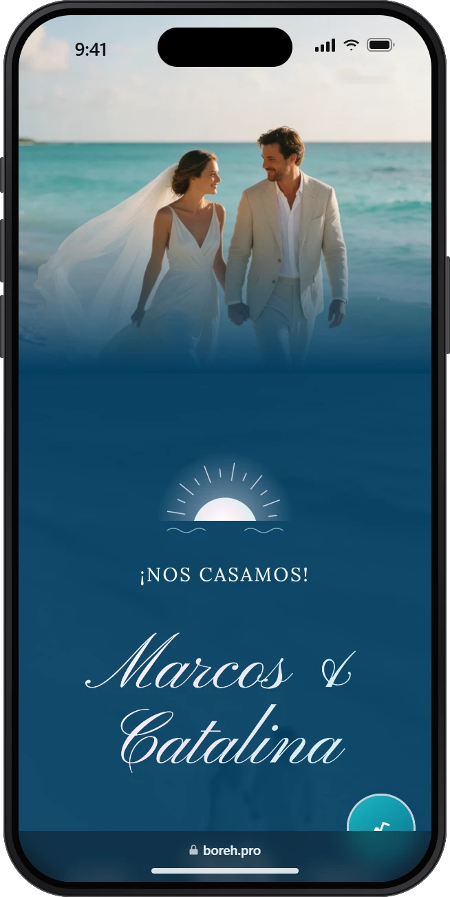 Invitación digital de boda modelo Sol y Playa, abierta en un celular
