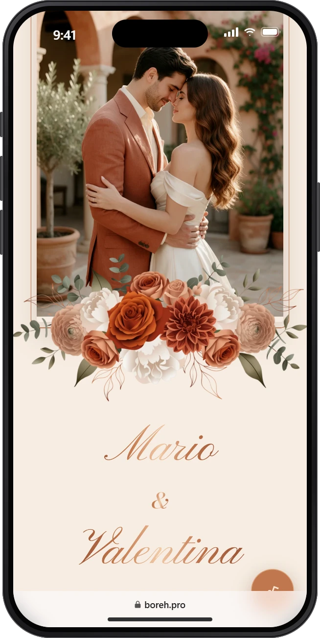 Invitación digital de boda modelo Terracota, abierta en un celular