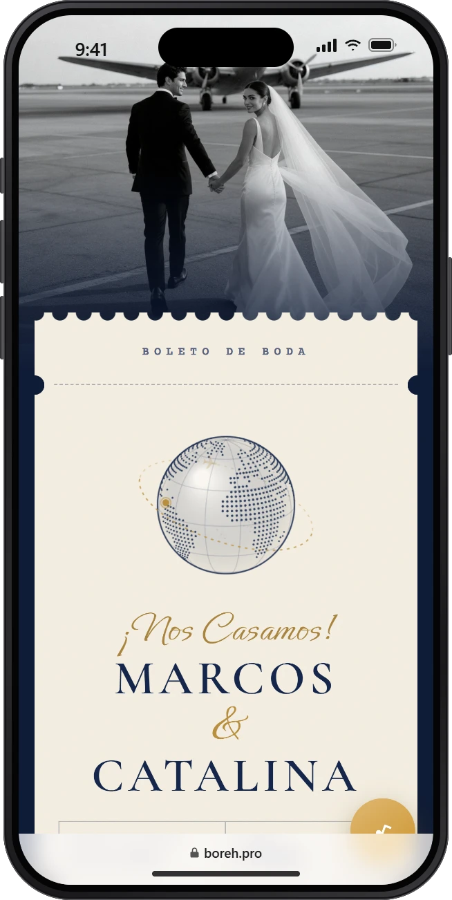 Invitación digital de boda modelo Travel, abierta en un celular